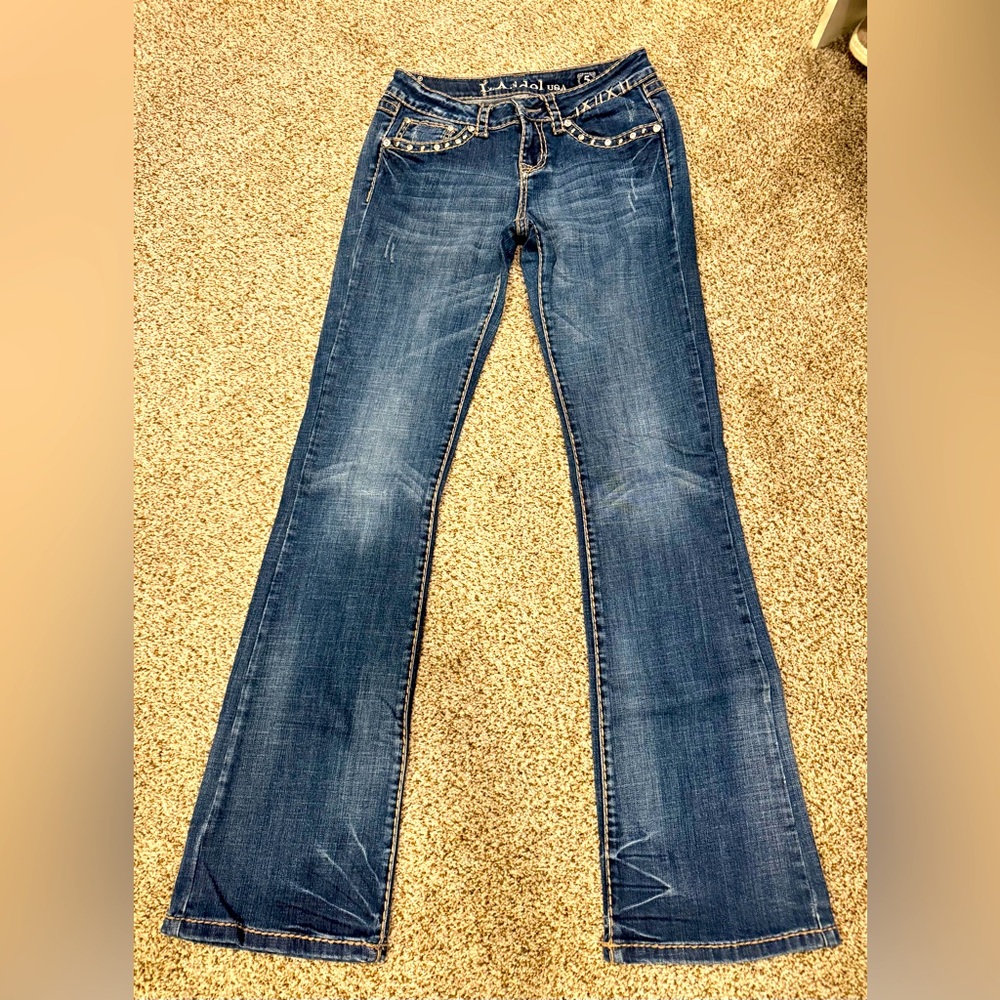 💎💎NWOT- L.A. Idol Rhinestone Embellished Blue Low Rise Flare & Wide Leg Jeans
